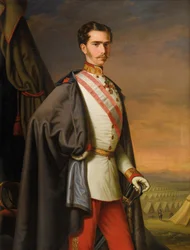 Kaiser Franz Joseph von Österreich in Uniform als Feldmarschall, im Hintergrund ein Feldlager